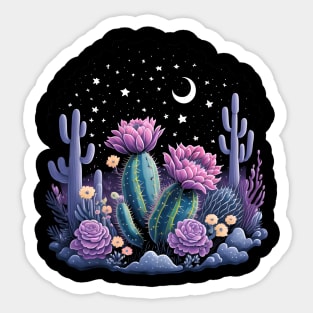 Cactus with Beautiful Flowers Starry Night Moon and Stars Sticker